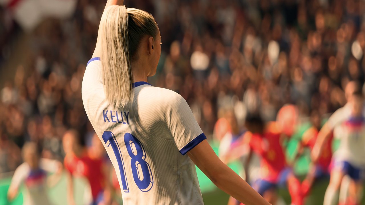 EA SPORTS FC 27 stadium scene: an England player celebrates in front of a packed crowd